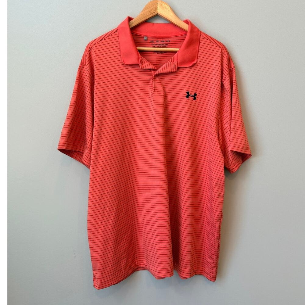Under Armour Performance Polo Size 2XL Coral Orange Striped Short Sleeve Golf